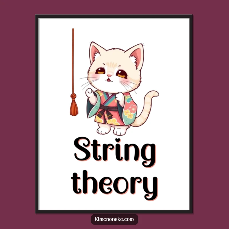 Decorate your walls with this funny poster, featuring a mischievous kitten in a colorful kimono captivated by a string. Adds a playful touch to any room.