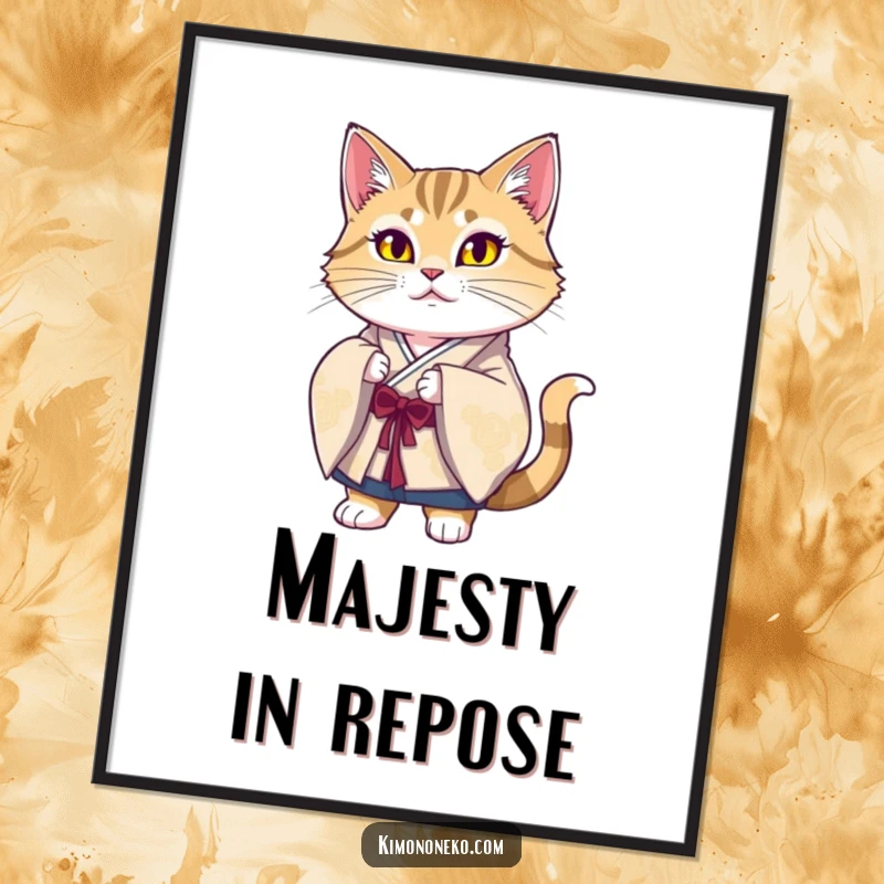 Funny Majestic Cat Kimono Poster displaying a proud cat in elegant silk kimono, a humorous piece of art for wall decor.