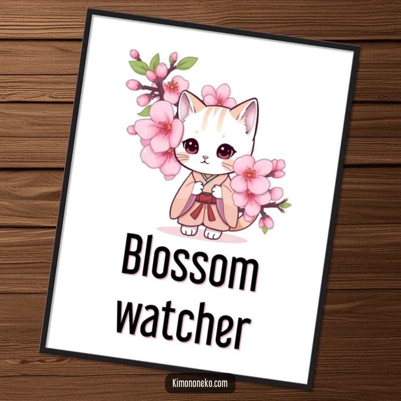Funny poster print of a shy cat wearing a kimono, peeking from behind a large cherry blossom.