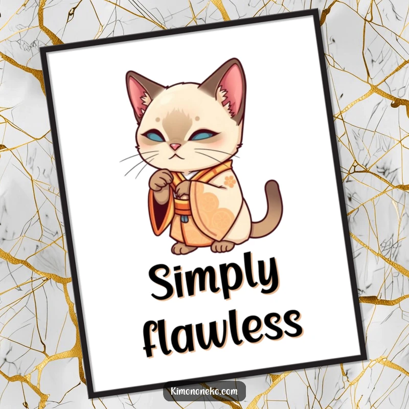 Funny Siamese kawaii cat in an ornate kimono, grooming its paw, displayed as elegant wall art on a funny poster.