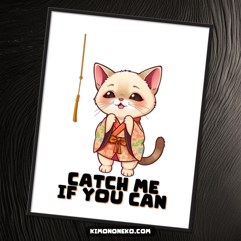 Funny Siamese cat in floral kimono, playfully batting at a dangling string, kawaii style poster art.