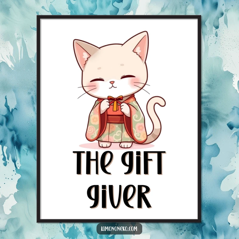 Funny sleek cat in an elegant kimono offering a small gift, presented as a striking poster.