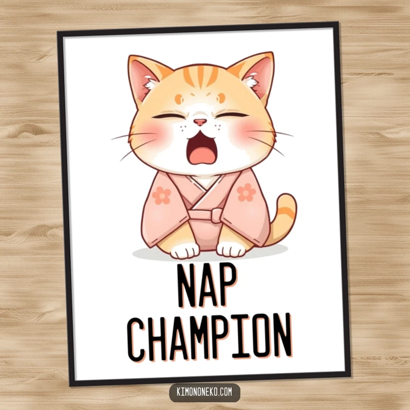 Funny poster print of a sleepy cat in a soft kimono, adorably yawning with half-closed eyes, radiating a peaceful and humorous ambiance.