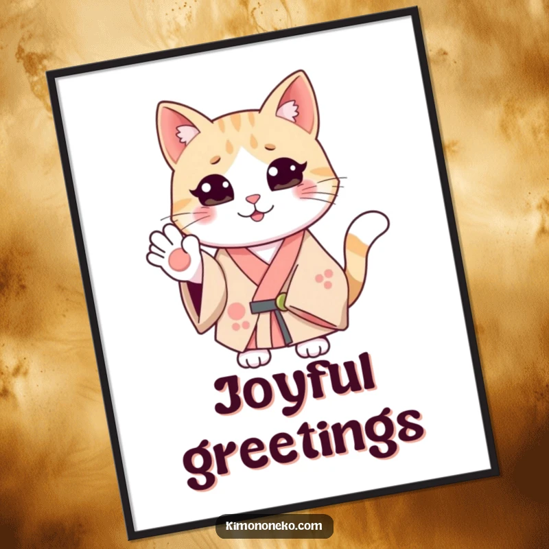 Funny smiling cat in a kimono, waving a friendly hello. Humorous wall art print for a cheerful atmosphere.
