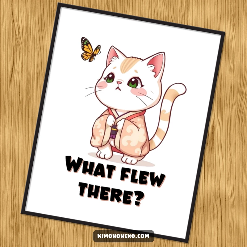 Funny poster showcasing a surprised cat in a festive kimono, tail dramatically puffed while observing a fluttering butterfly, conveying a moment of comical astonishment.