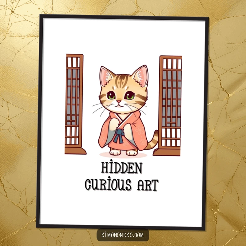 Funny Tabby Cat Poster: A curious tabby cat in a festive kimono peeks from behind a screen, inviting a playful gaze.