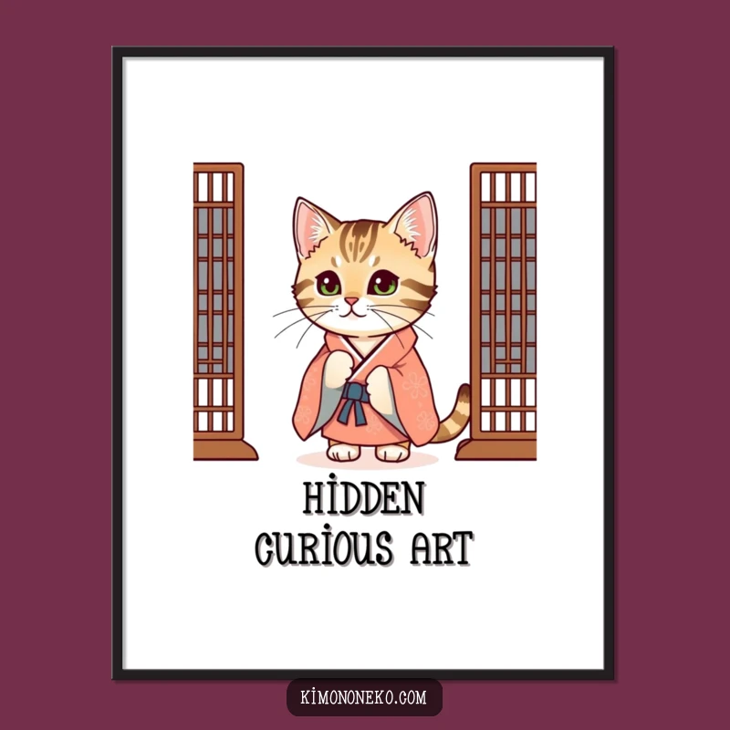 Funny Tabby Cat Kimono Poster: Curious Peeker Art, Whimsical Wall Decor Gift