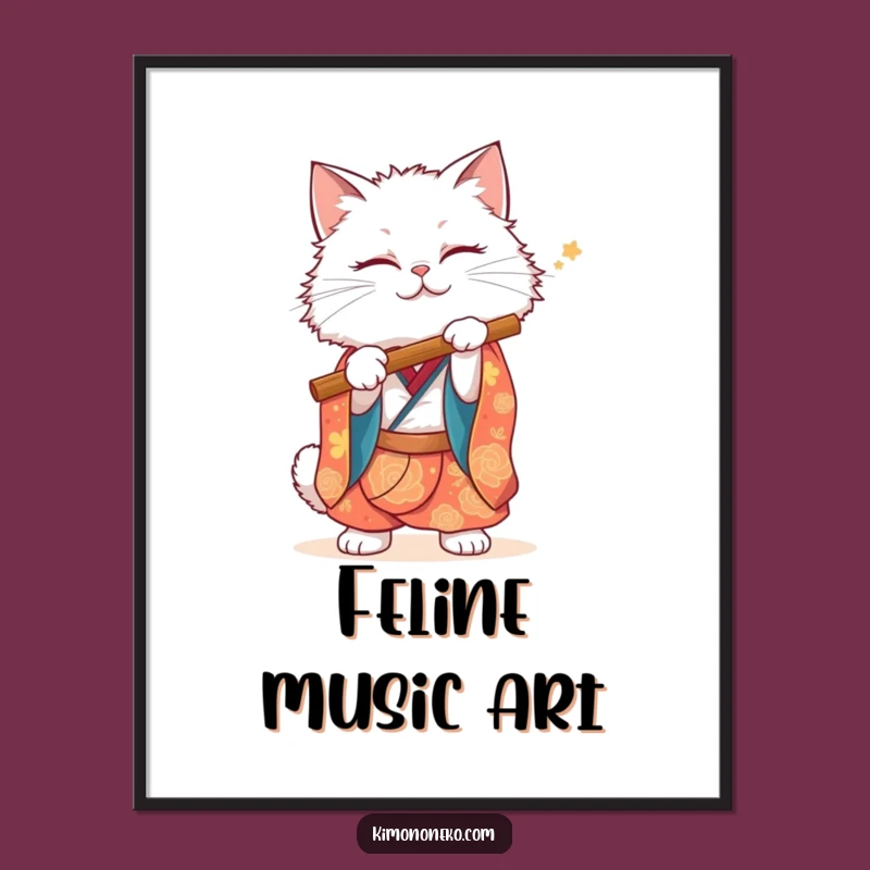 Funny White Cat Kimono Poster: Musical Feline Art, Whimsical Decor Gift