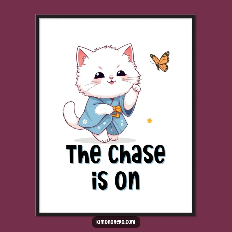 Funny White Cat Poster: Kawaii Kitty in Blue Kimono Butterfly Chase - Art Gift!