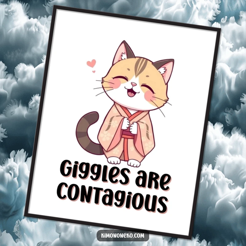 Funny Kawaii cat in an elegant kimono, sharing a secret giggle, sophisticated wall art with a touch of playful mischief.