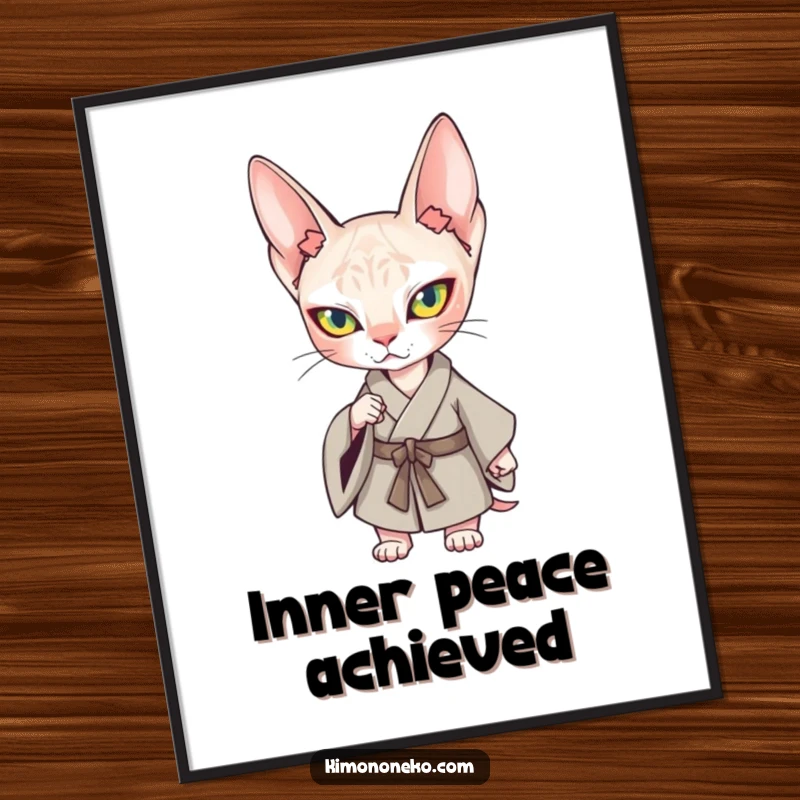 Funny Kawaii Sphynx Cat Kimono Poster: A determined Sphynx cat in a kimono, posing confidently on your wall.