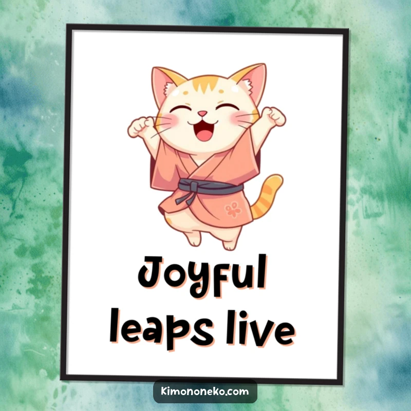 Funny Kawaii cat illustration in a silk kimono, performing a joyful leap, a humorous wall art print.