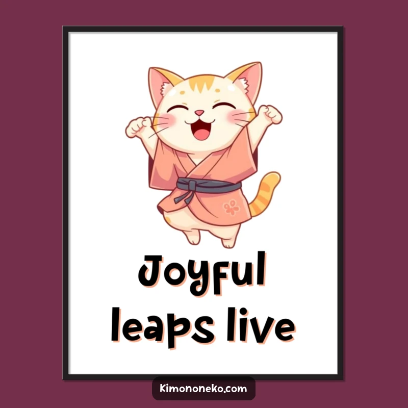 Funny Kawaii Cat Leap Poster: Joyful Kimono Art, Ideal Funny Gift