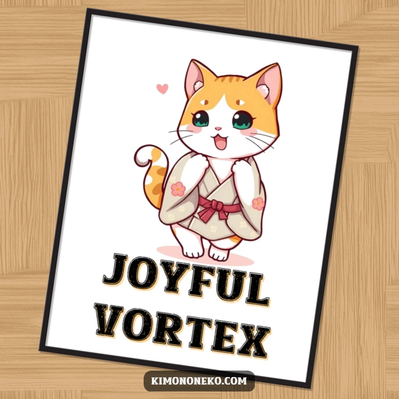 Funny Calico Cat Kimono Poster: A cheerful calico cat in a kimono doing a happy spin with its tail up, vibrant wall art.