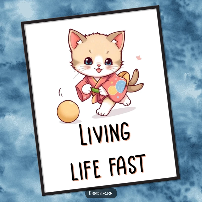 Funny playful kitten kimono poster art, showcasing a kitten in a vibrant kimono chasing a ball, creating a dynamic and humorous visual for any room.