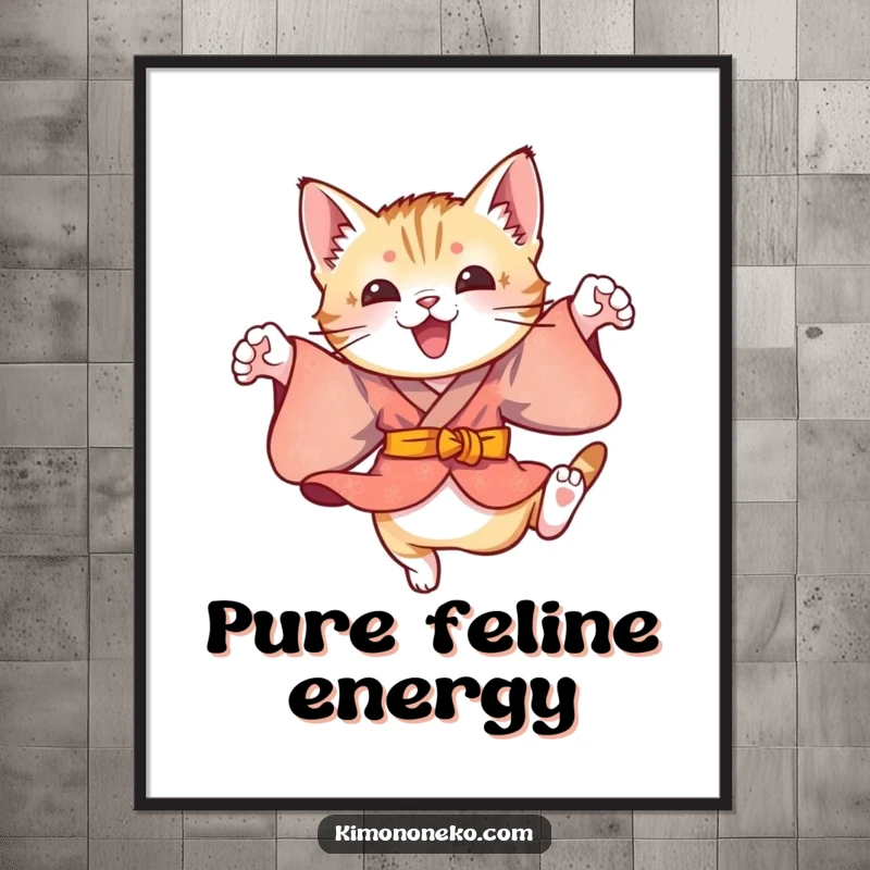Funny wall poster of a playful kitten in a colorful kimono, energetically leaping, adding a dynamic and cheerful touch to any room.