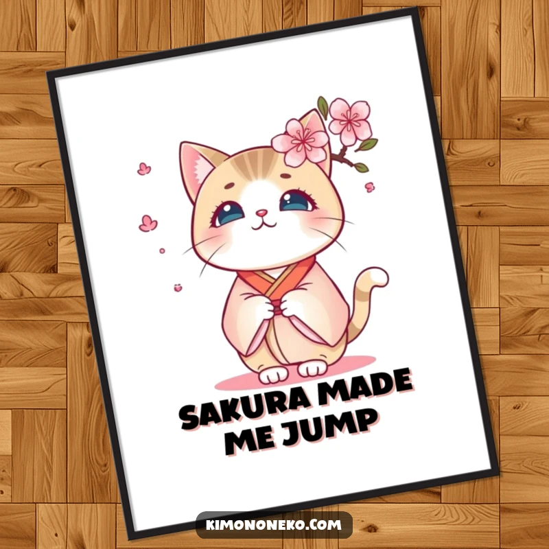 Funny Kawaii Kimono Cat Poster: A surprised kitty in a kimono startled by a falling cherry blossom, a humorous piece of art.