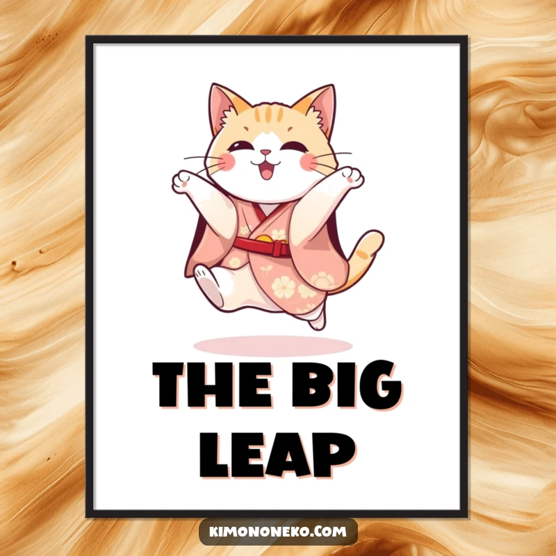 Funny poster art of a playful cat in a festive kimono mid-jump, showcasing energetic and humorous motion.