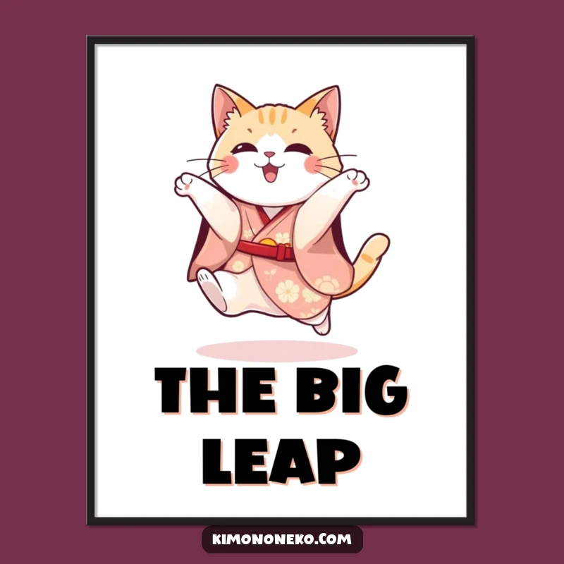 Funny Cat Kimono Poster: Playful Kitty Festive Jump - Dynamic Wall Art