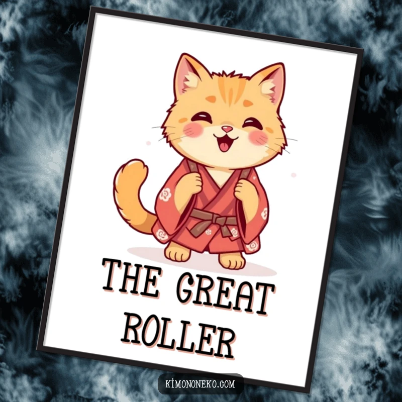 Funny ginger cat in a casual kimono doing a happy roll, presented as a charming poster.