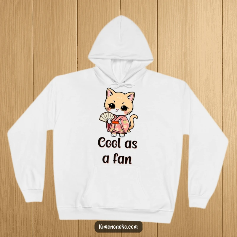 Funny Kawaii cat in a floral kimono, posing gracefully with a fan, a cozy and funny hoodie.