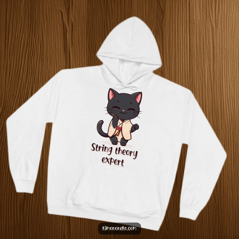 Funny Black Cat Kimono Hoodie: Cozy hoodie featuring a Kawaii black cat in a simple kimono, playfully batting at a string.