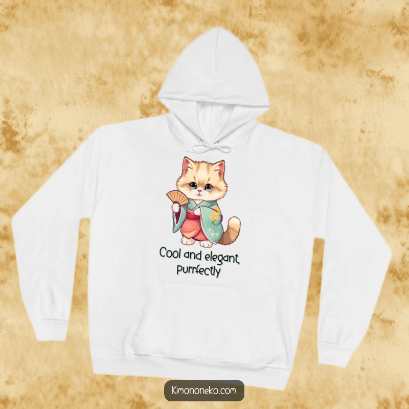 Funny hoodie depicting a fluffy cat elegantly dressed in a vibrant kimono, holding a fan.