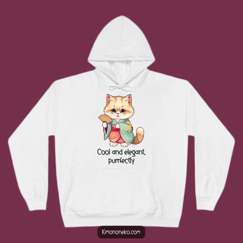 Stay warm and chic with this funny hoodie. The elegant cat in a vibrant kimono adds a touch of sophisticated comfort.