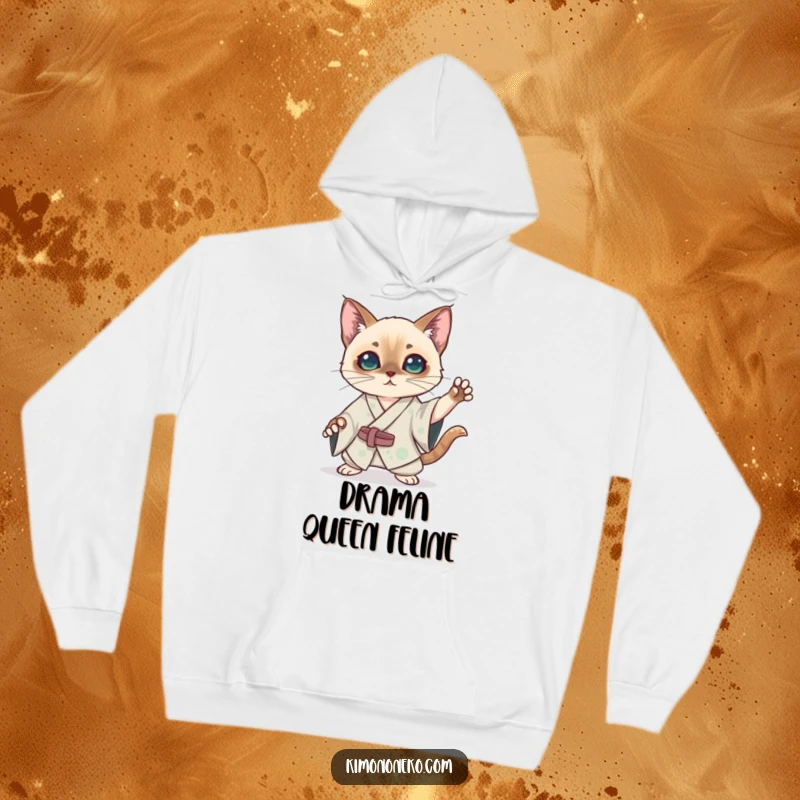 Funny kawaii Siamese cat in a silk kimono striking a dramatic pose on a cozy hoodie, offering warmth and humorous anime drama.
