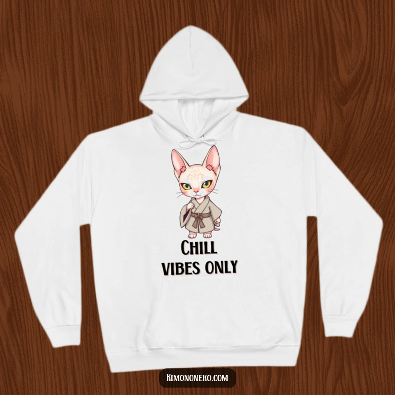 Funny Kawaii Sphynx Cat Kimono Hoodie: A determined Sphynx cat in a kimono, exuding confidence and coziness.