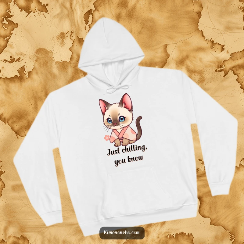Funny Siamese cat in a patterned kimono, captured in a curious pose. This comfortable hoodie is a humorous gift for cat fans.