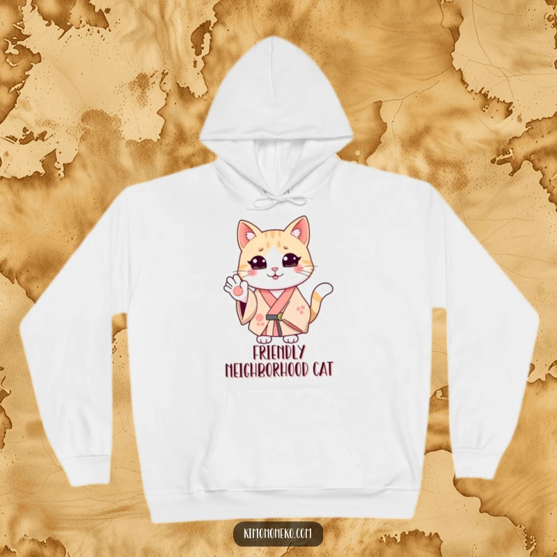 Funny smiling cat in a kimono, waving hello. This cozy hoodie is a humorous gift for cheerful cat lovers.