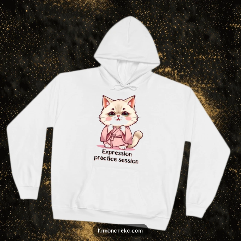 Funny Kawaii Ragdoll cat in soft kimono practicing funny expression, cute anime hoodie, gift idea.