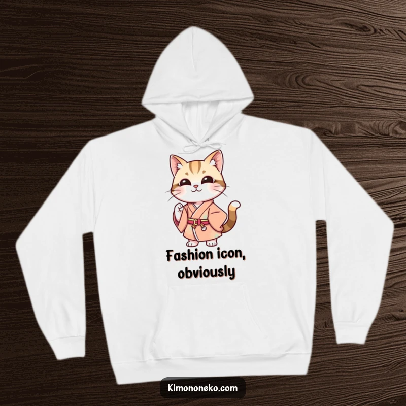 Funny hoodie featuring a stylish cat in a modern kimono, striking an assured pose with a charming smile, perfect for keeping warm and looking cool.