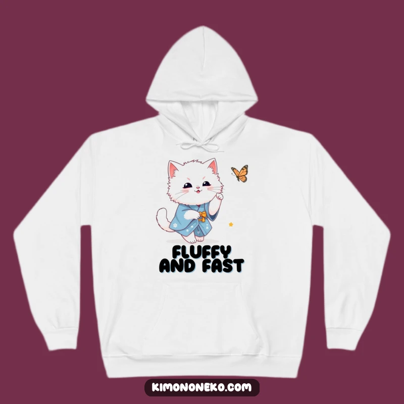 Funny White Cat Hoodie: Kawaii Kitty in Blue Kimono Chasing Butterfly - Cozy Gift!