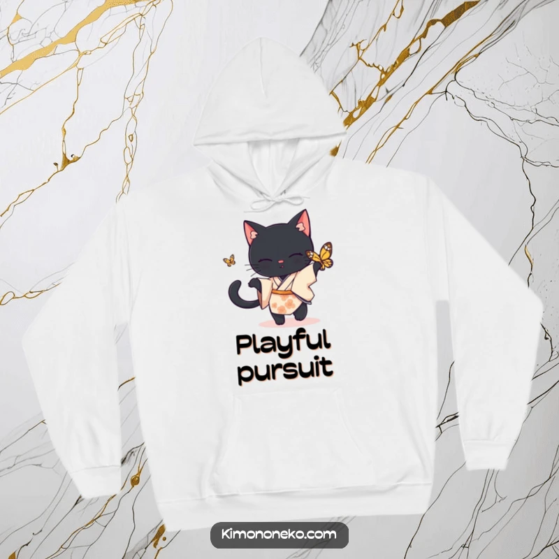 Funny black cat hoodie, a black cat in a simple kimono playfully chasing a butterfly, cozy funny gift.