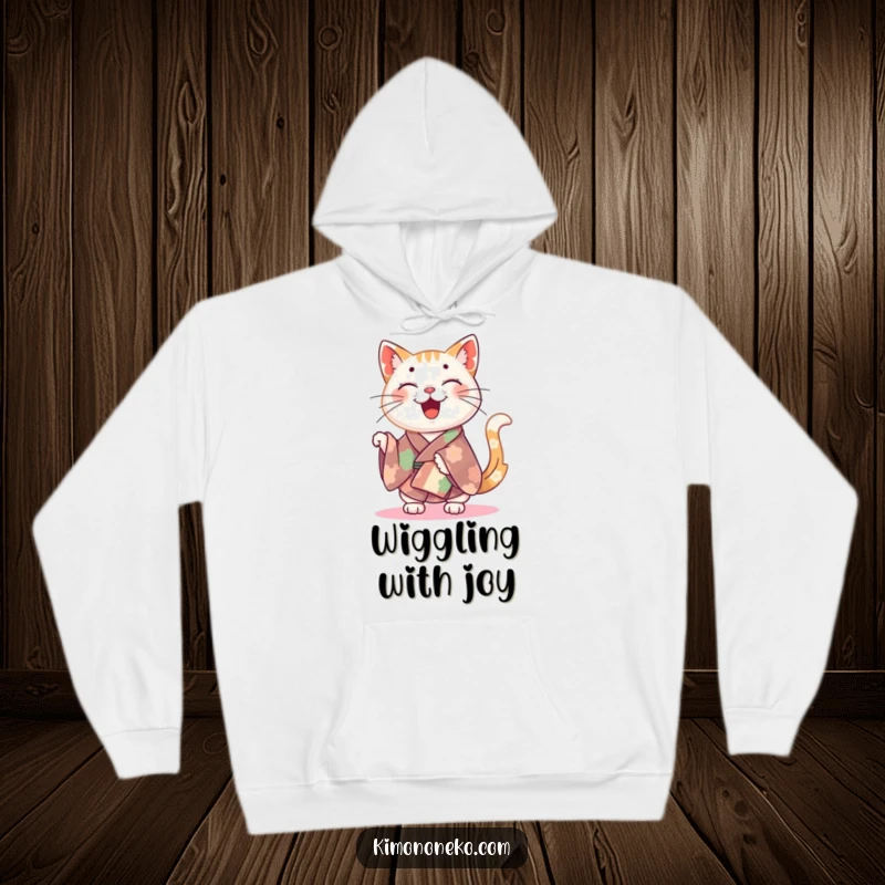 Funny happy cat in a colorful kimono wiggling its tail, printed on a soft and warm hoodie.