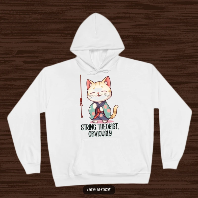 Funny Kawaii cat wearing a vibrant kimono playfully batting at a dangling string, warm hooded sweatshirt, comfy.