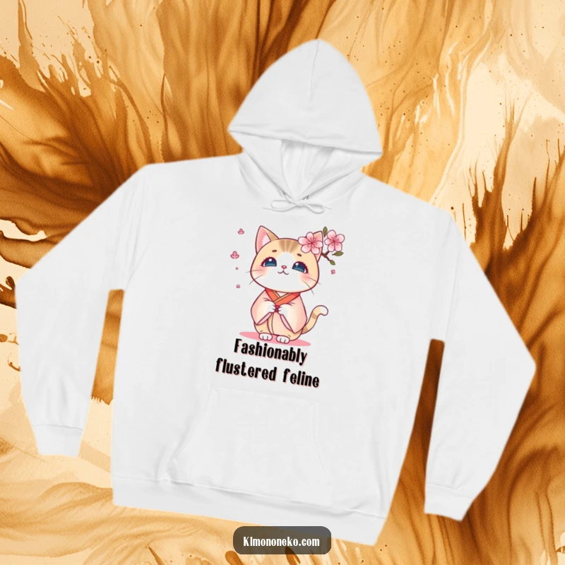 Funny Kawaii Kimono Cat Hoodie: A surprised kitty in a kimono, stunned by a delicate cherry blossom, offering a cozy funny gift.
