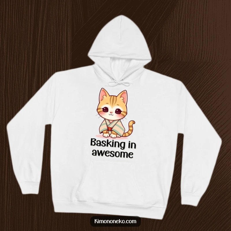 Funny Kawaii Tabby Cat Hoodie: A content tabby cat in a striped kimono enjoys the sunshine, radiating warmth and humorous tranquility.