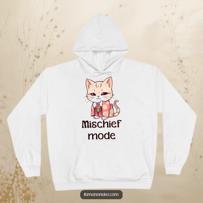 Funny hoodie design of a mischievous cat in a bright kimono, playfully concealing itself.