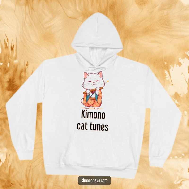 Funny White Cat Hoodie: A fluffy white cat in a vibrant kimono is depicted humorously playing a flute while staying cozy.