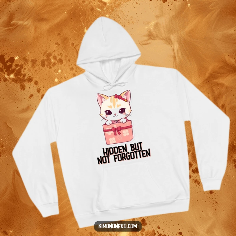 Funny kawaii cat in a kimono, peeking from a gift box, printed on a soft and warm hoodie, a funny gift idea.