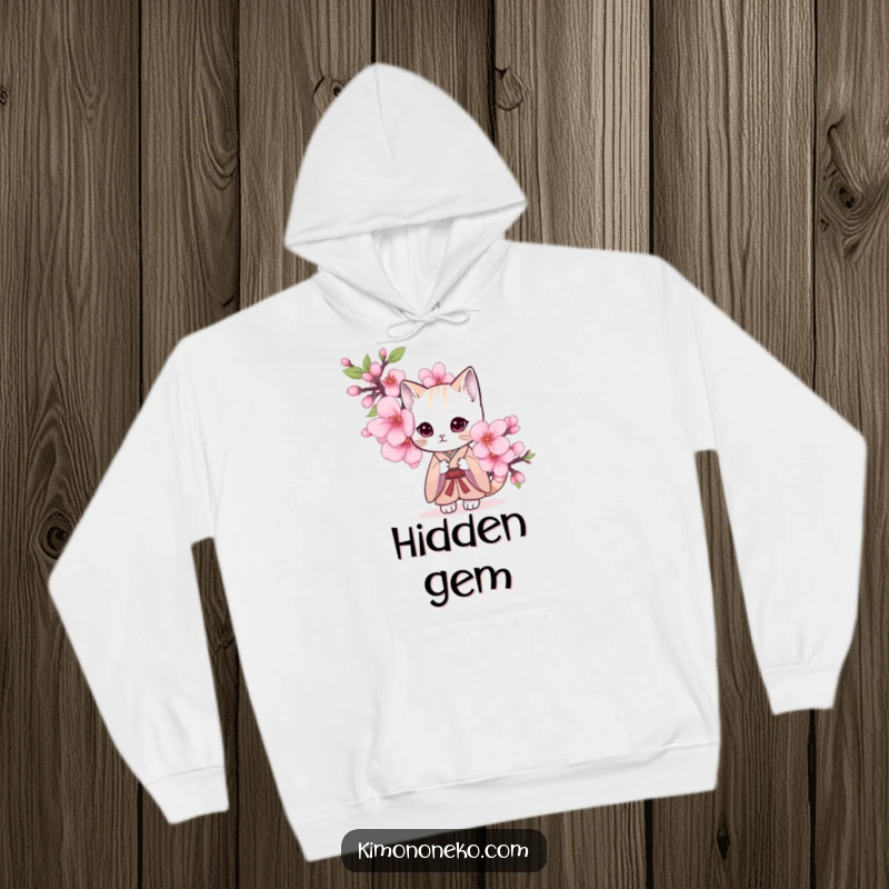 Funny hoodie design of a shy cat wearing a simple kimono, peeking coyly from behind a cherry blossom.