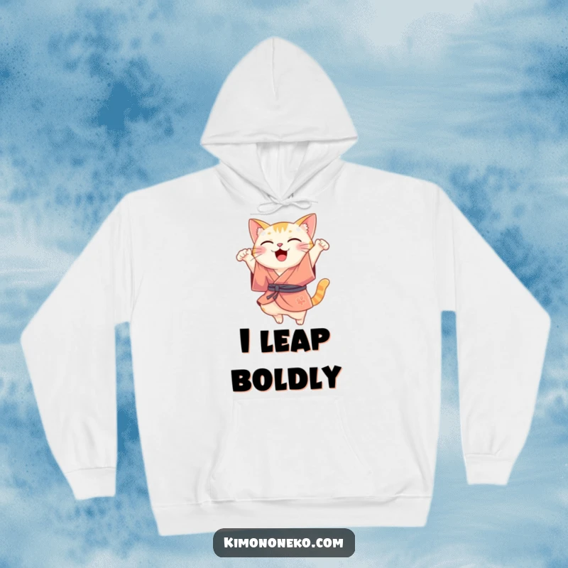 Funny Kawaii cat in a silk kimono, captured mid-joyful leap, a cozy and funny hoodie.