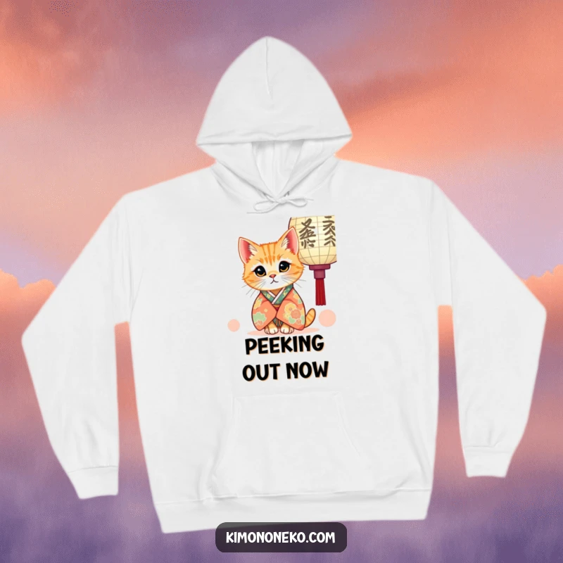 Funny hoodie featuring a kawaii ginger cat in a traditional kimono, curiously peeking from behind a paper lantern, perfect for cozy charm.