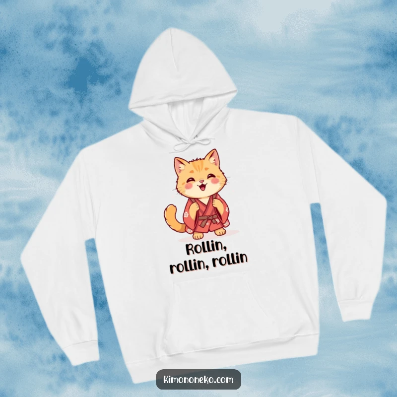 Funny ginger cat in a casual kimono doing a happy roll, printed on a soft and warm hoodie.