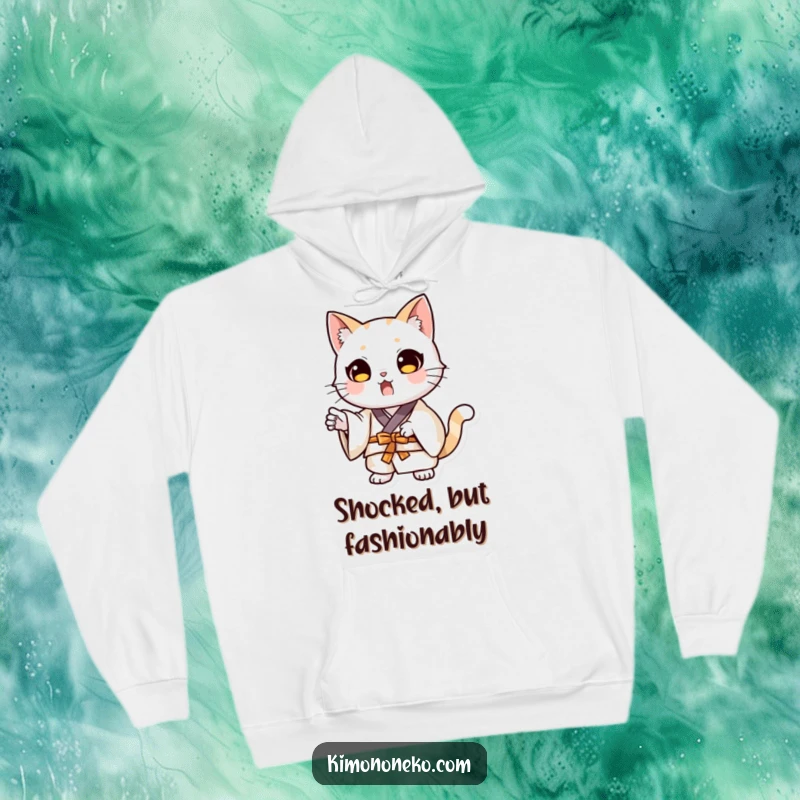 Soft hoodie featuring a funny kawaii cat wearing a kimono and striking a dramatic, surprised pose.