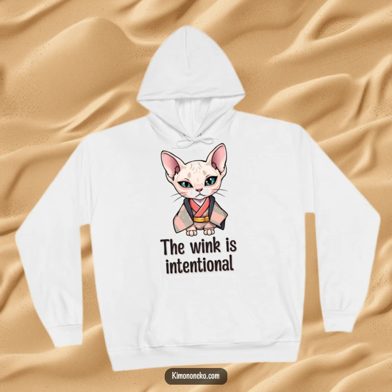 Funny Kawaii Sphynx cat in cool kimono giving a wink, stylish anime hoodie, gift idea.