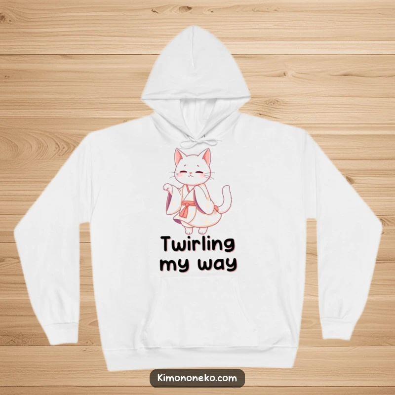 Funny White Cat Kimono Hoodie: Cozy hoodie featuring a Kawaii white cat in a flowing kimono, twirling gracefully with charm.